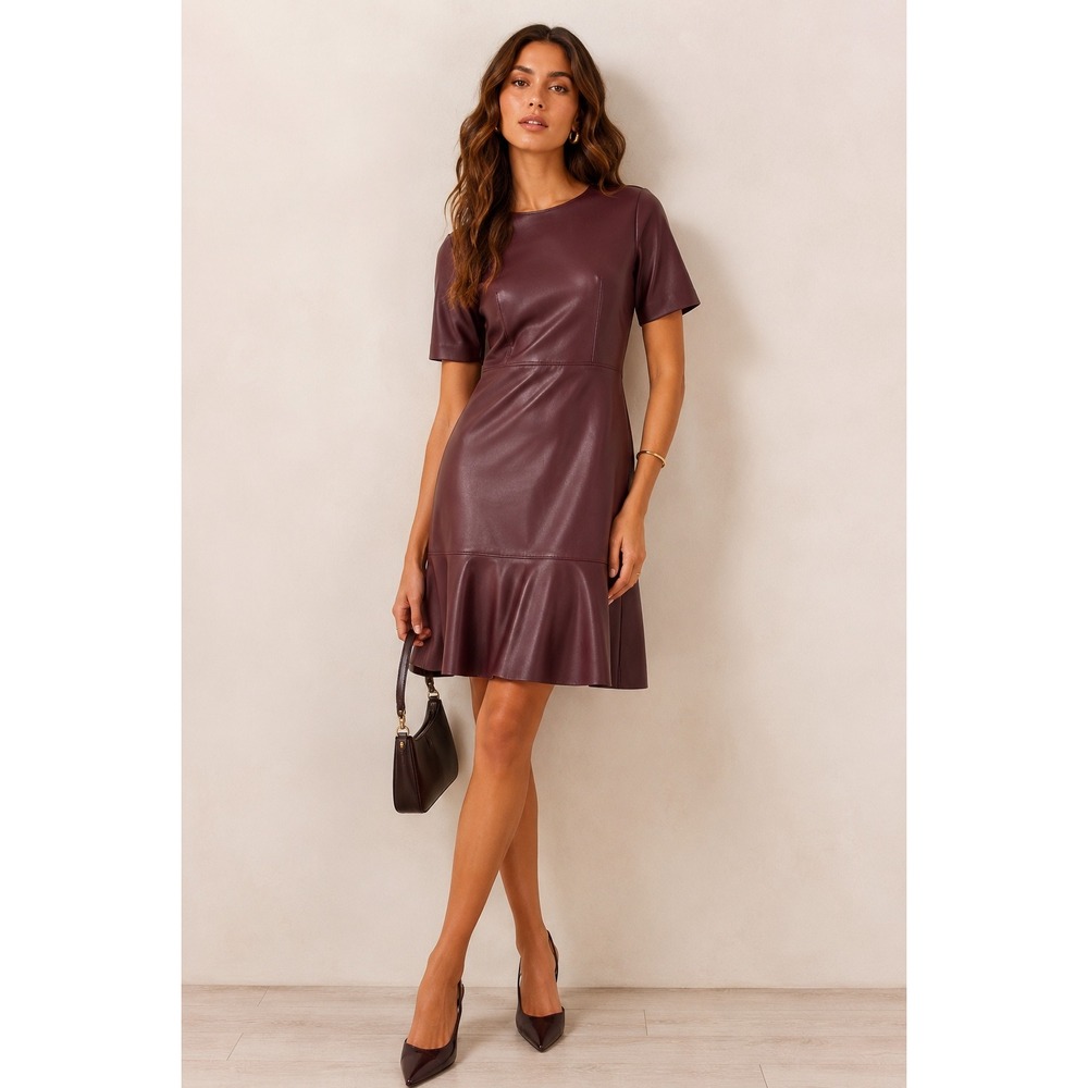 NWT Ann Taylor Petite Faux Leather Flounce Hem Dress Burgundy Wine 6 Work Office